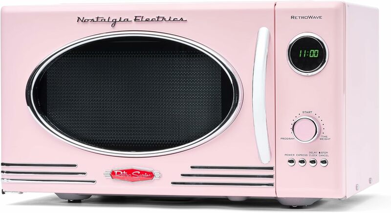 Forno microondas de bancada retro, Grande 800 W, 0.9 cu ft, Configurações de cozinha programadas, Relógio digital, Eletrodomésticos de cozinha rosa