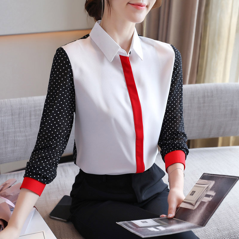 Camisas soltas de renda chiffon para mulheres, patchwork listrado, blusa casual simples, roupas de senhora do escritório, moda nova primavera