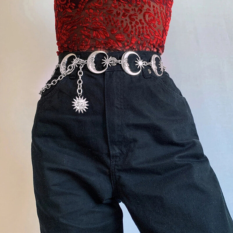 Harajuku Punk Moon Metal Belts Women Vintage High Waist Chain Waist Belts Gothic Moon Sun Sliver Pendant Belts Female