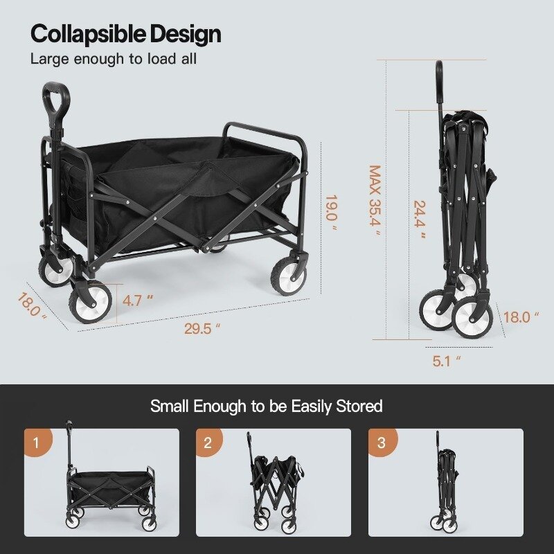 Heavy Duty Utility Beach Wagon Cart with Wheels Foldable, 220LBS Large Capacity Foldable Grocery Wagon， Cart