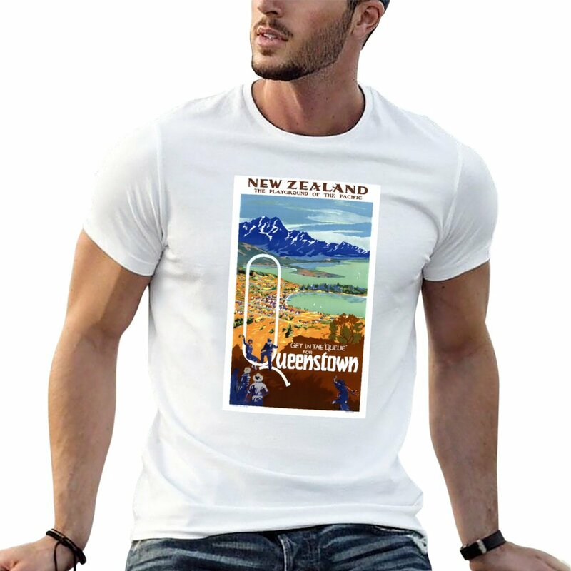 New Zealand Vintage Travel Poster Restored T-Shirt summer clothes plain black t shirts men