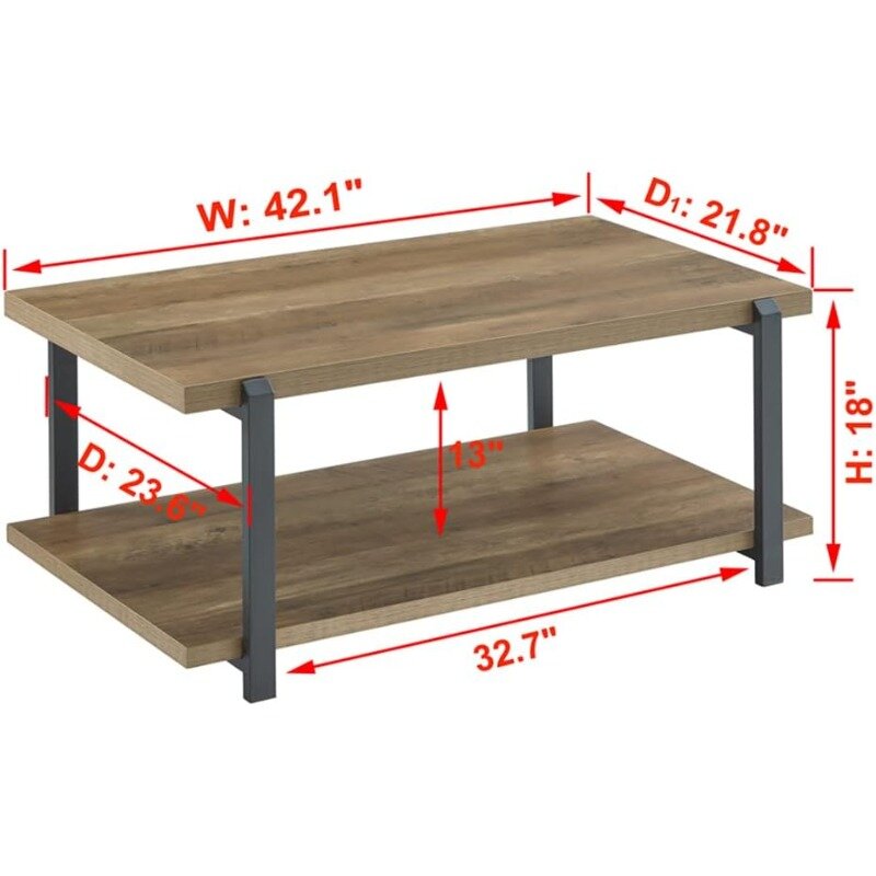 Industrial Coffee Table with Shelf, Wood and Metal Rustic Cocktail Table for Living Room, Oak