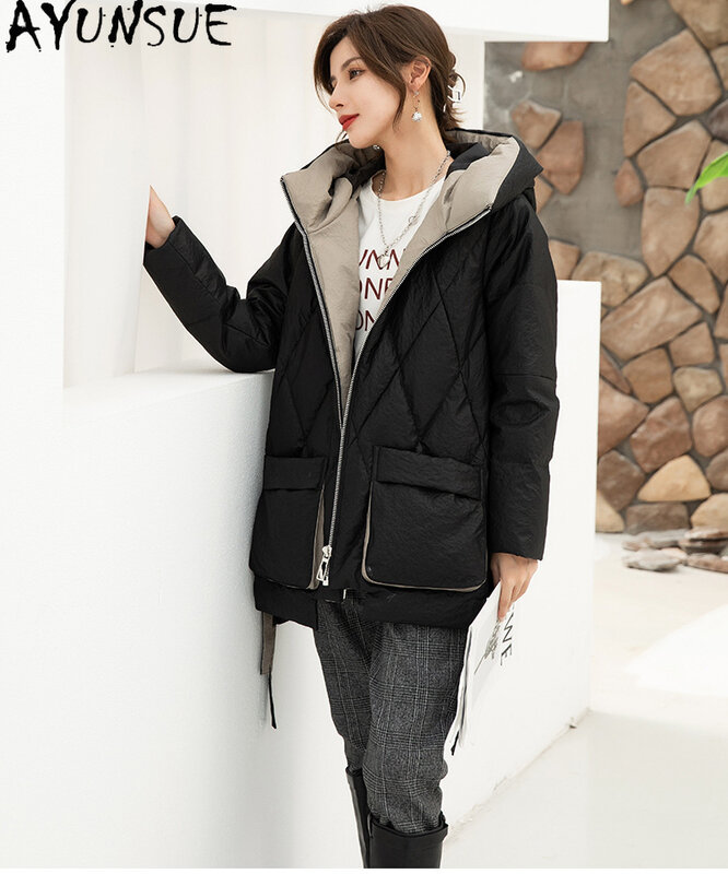 AYUNSUE 90% 여성용 화이트 덕 다운 재킷, 2023 진짜 양가죽 코트, 중간 길이 후드 파카, 한국 스타일 가죽 재킷
