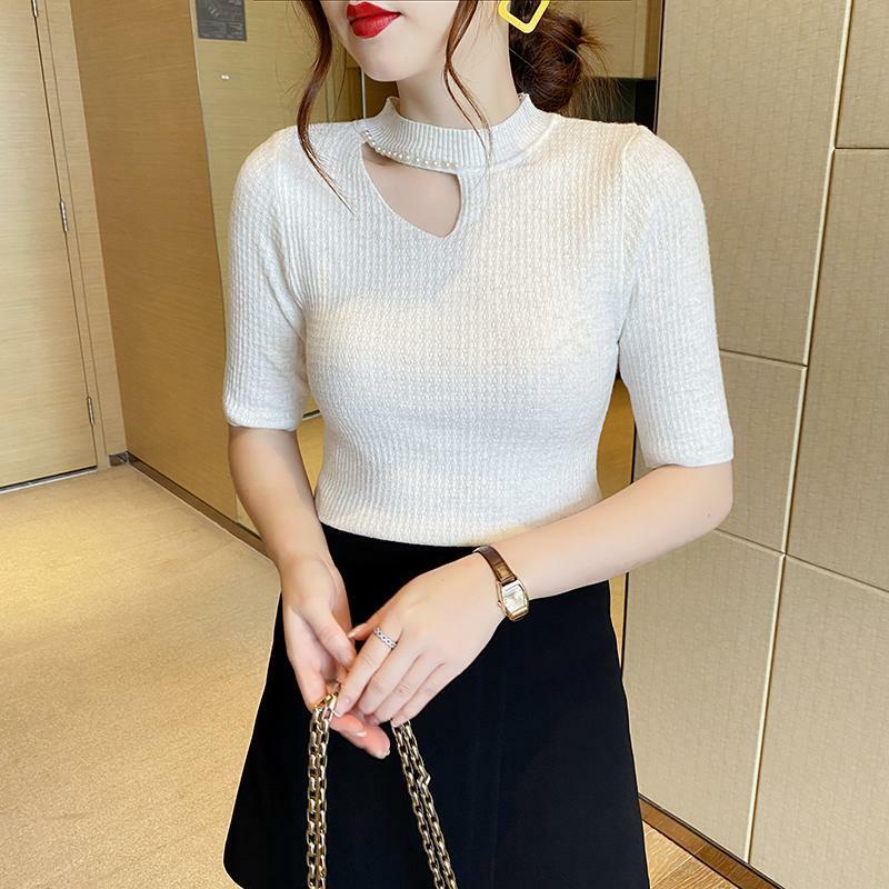 2024 Women's Spring Autumn New Solid Bright Silk Fashion Commute Round Neck Beading Hollow Out Half Sleeve Sweater Knitted Tops