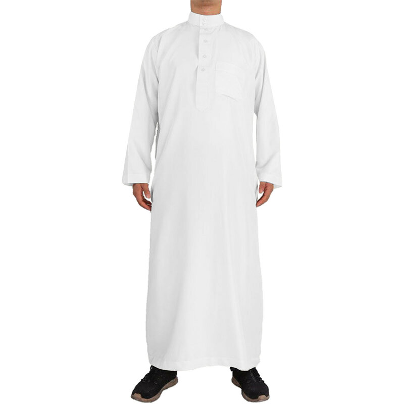 Abito Casual maschile colletto alla coreana musulmano Thobe tasca tinta unita manica lunga Jubba Robes moda Arabia musulmana Dubai abbigliamento uomo