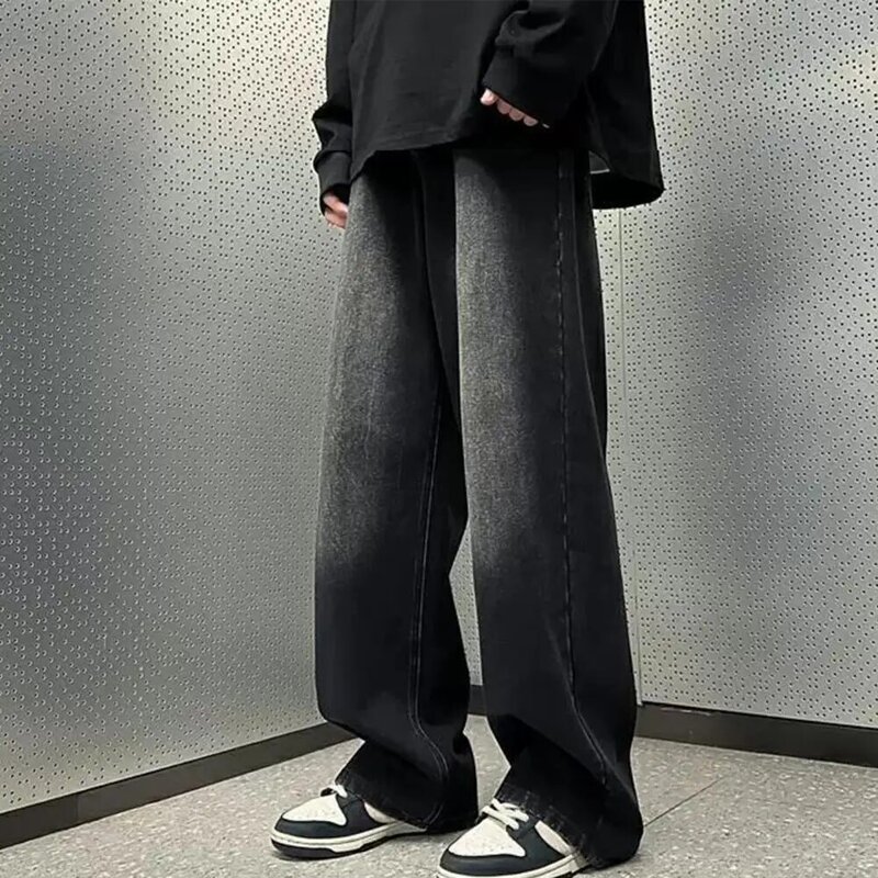 Мужские джинсовые брюки в стиле ретро, свободные контрастные широкие брюки в стиле ретро, хип-хоп, с градиентом, с карманами, на молнии