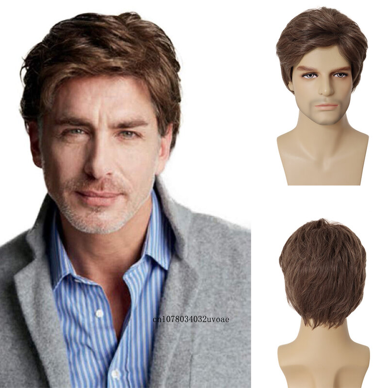 Synthetic Mens Short Brown Wig Hair Replacement Natural Wig with Bangs White Goodman Costume Halloween Costume Party Businessman