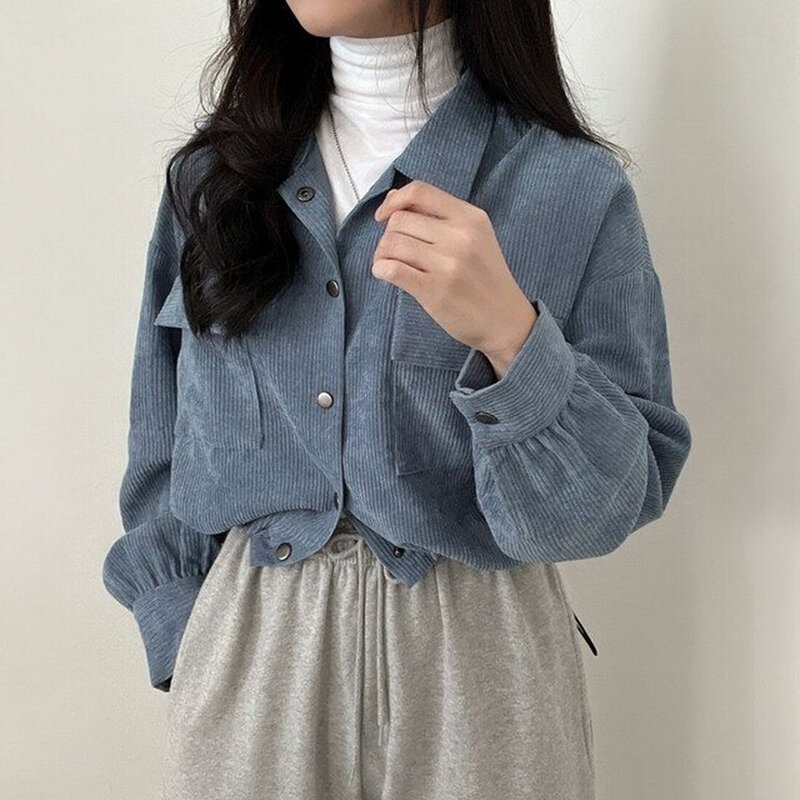 Rimocy corta-Blusa de manga larga con bolsillos para mujer, Chaqueta corta de PANA con cordón, abrigos coreanos salvajes de Color sólido