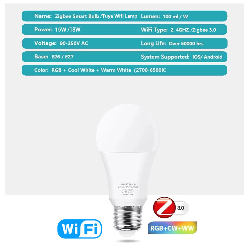Smart Home用LED電球,18W,15W,3.0 W,RGB,ww cw e27 tuya,Alexa,Amazon,Googleアシスタントと互換性があります