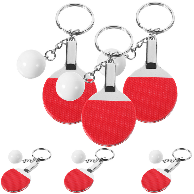 พวงกุญแจพวงกุญแจลายกีฬาปิงปองกระเป๋าใส่ลูกบอลจี้ของขวัญสินค้ากีฬาแร็กเก็ตจำลอง (สีแดง) 6ชิ้น