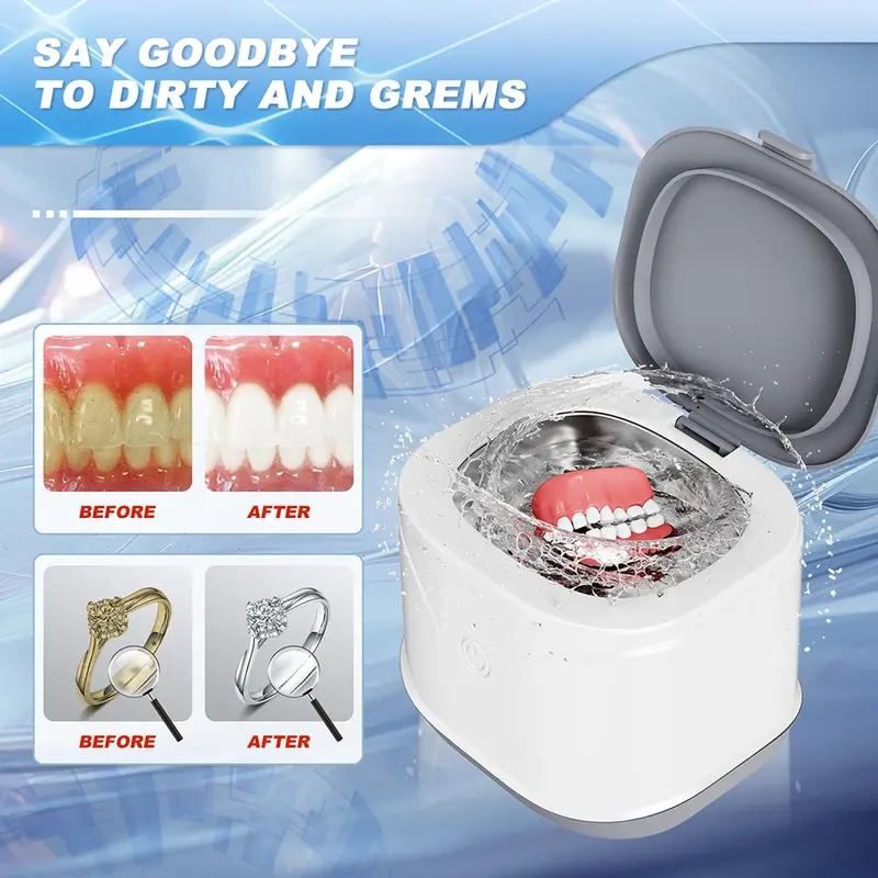 KUNPHY detergente ad ultrasuoni per uso domestico 46kHz macchina per la pulizia ad ultrasuoni 7.5 OZ bagno professionale per protesi per il fermo dei denti finti