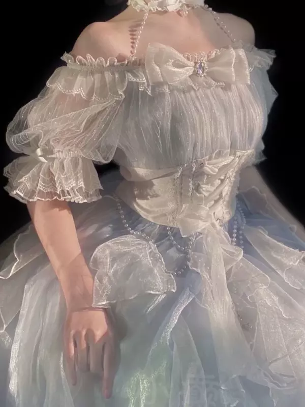 Lolita Op elegante estilo romántico francés para niña, vestido de princesa con manga abullonada, cinta con lazo, Túnica de flores, malla, Fantasía