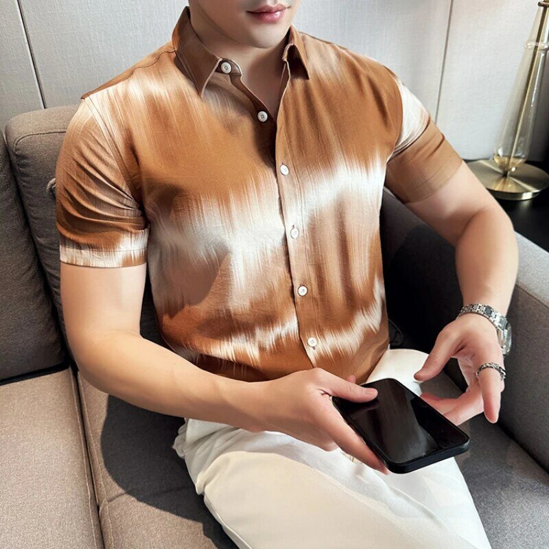 Men Summer Short-sleeved Shirt Stylish Personality Gradient Color Print Slim Casual Social Shirt Men All-match Shirts Streetwear