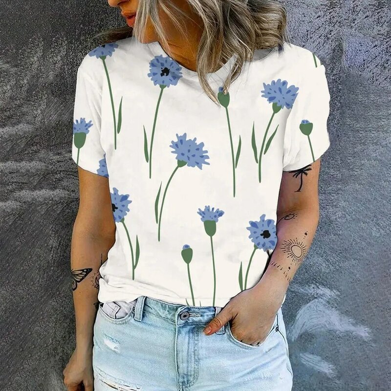 Camiseta con estampado Floral para mujer, Tops de manga corta con cuello redondo, sudaderas informales para todos los días, moda de verano 2024