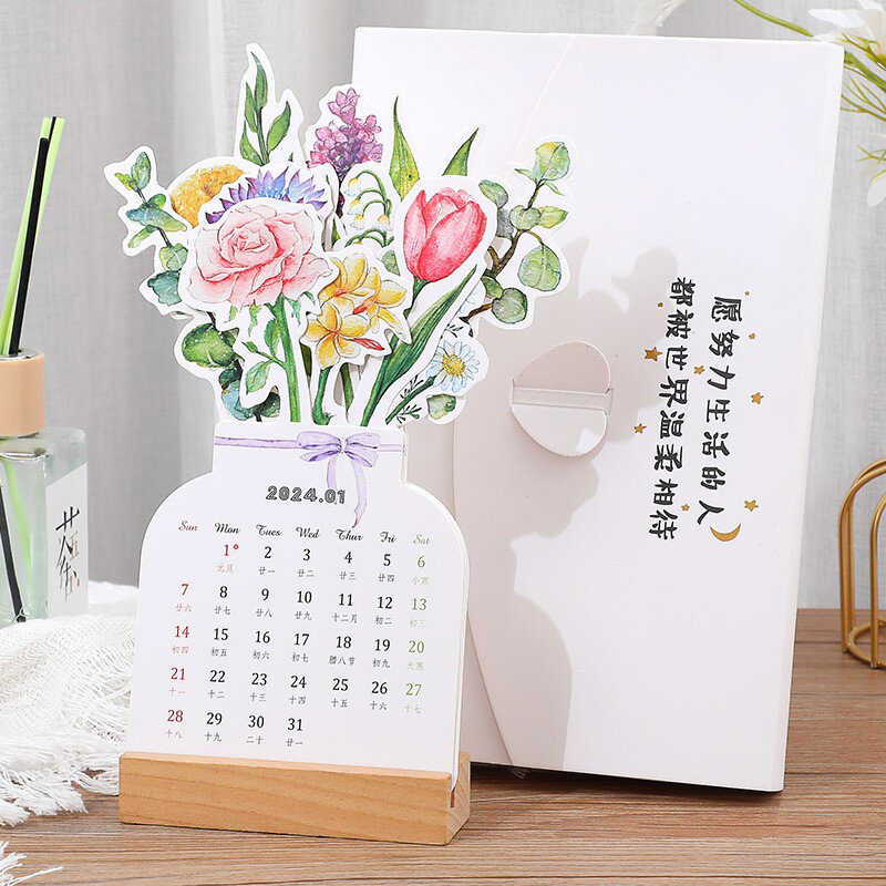 Calendrier de bureau fleur Bloredépensé, carte en bois créative, calendrier de bureau, haute qualité, fournitures de décoration, nouveau, 2024