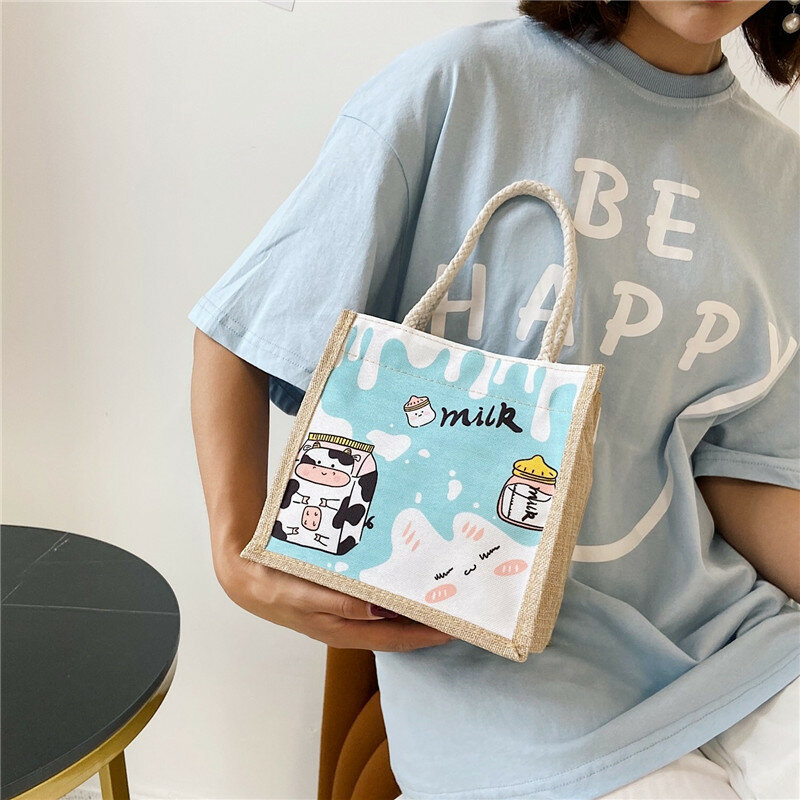 Bolso de mano de lino con patrón de dibujos animados para mujer, bolsa de almacenamiento de comestibles de lona, gran capacidad, bolso de viaje, regalo