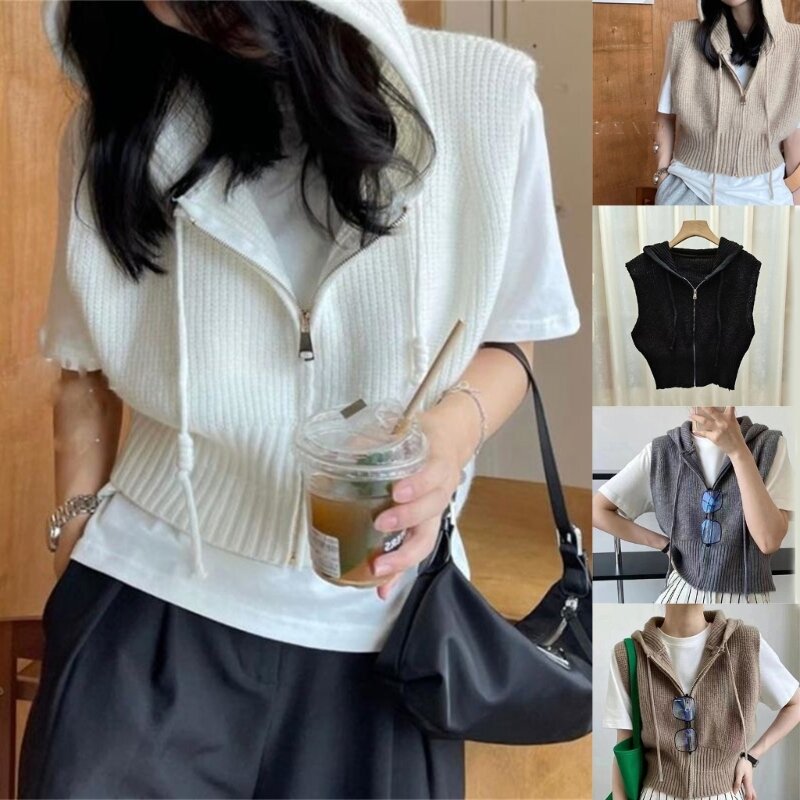 Women Short Loose Hooded Waistcoat Solid Color Ribbed Knitted Vest Zipper Up V-Neck Cardigan Crop Top Sweater Jackets Dropship