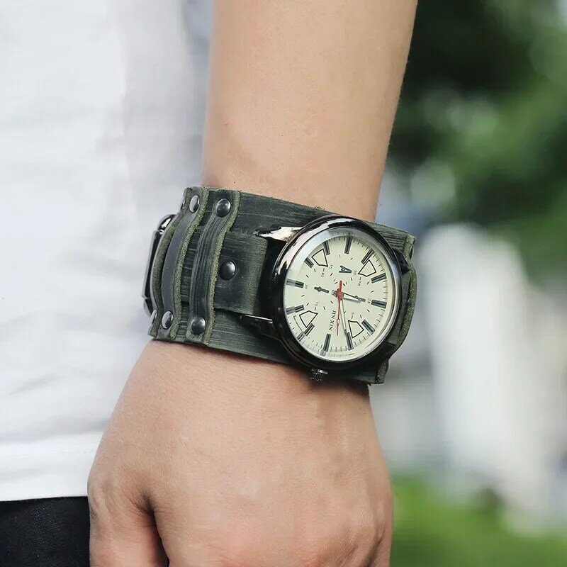 Men Quartz Watches Luxury Male Wristwatch 2024 Cowhide Watchband Punk Style Watch for Men Wide Genuine Leather Bracelets Relogio