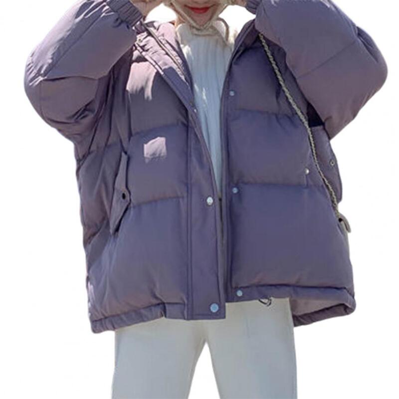 Jaqueta feminina monocromática com capuz inverno, punho encolhível, casaco de manga comprida, fecho de zíper, bolsos