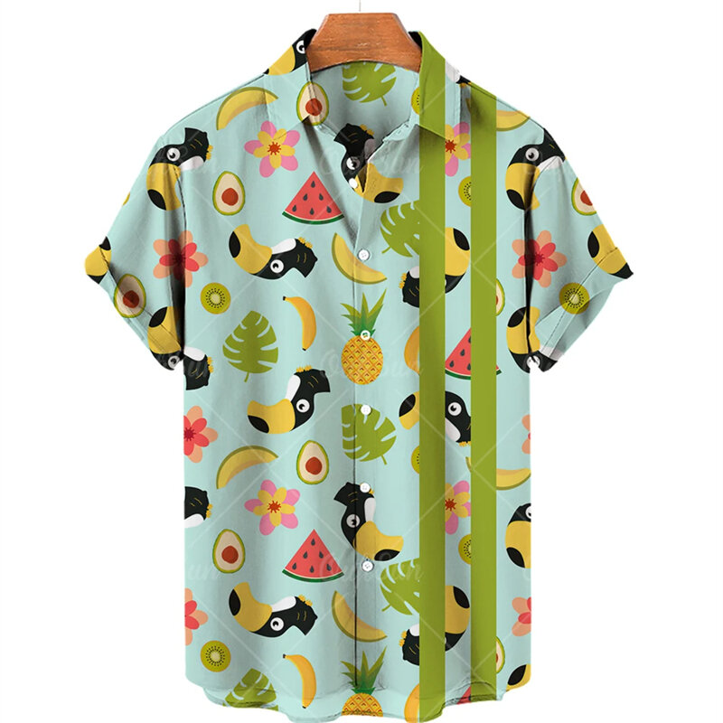 Kemeja untuk pria 2024 musim panas 3D cetak motif buah tropis kemeja Hawaii lengan pendek Fashion kasual pantai resor atasan blus