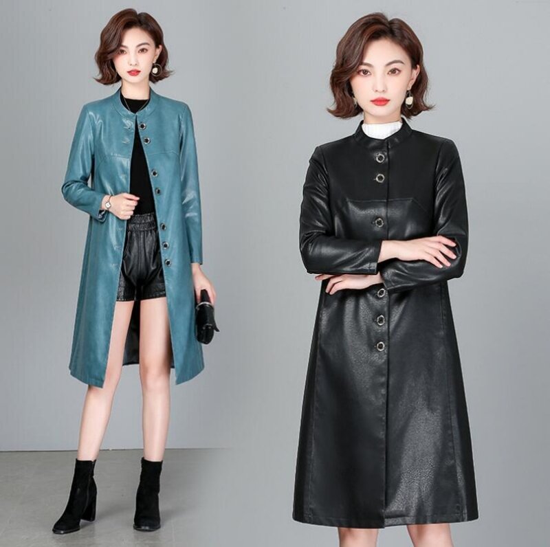 New Women Leather Trench Coat Casual Fashion O-Neck Single Breasted Loose Sheepskin Tops Coat Long Outerwear Split Leather