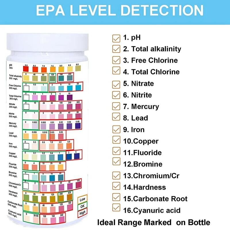 Water Testing Strips for Drinking Water- EPA Level Home Use, Water Test Strips with Lead, Mercury, Iron, PH, Hardness