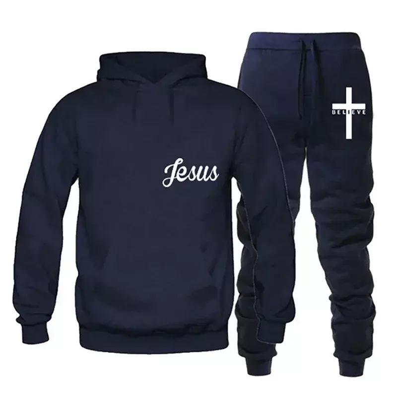 Najnowszy dres z nadrukiem jezusa wiosenny i jesienny męski strój sportowy casualowe bluzy z kapturem w jednolitym kolorze + spodnie męski projekt sportowy zestaw
