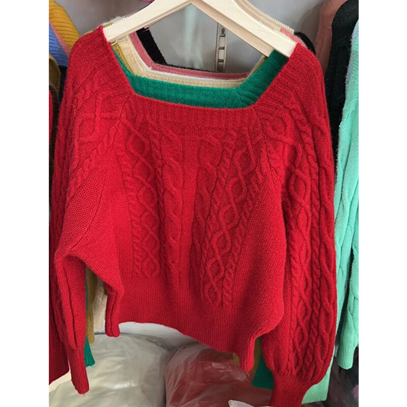 Женский свитер с рукавами-фонариками, осенне-зимняя Свободная рубашка с длинным рукавом, пуловер с квадратным вырезом
