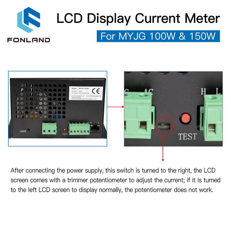 FONLAND – compteur de courant CO2 à écran LCD, pour alimentation Laser 100W et 150W de la série MYJG