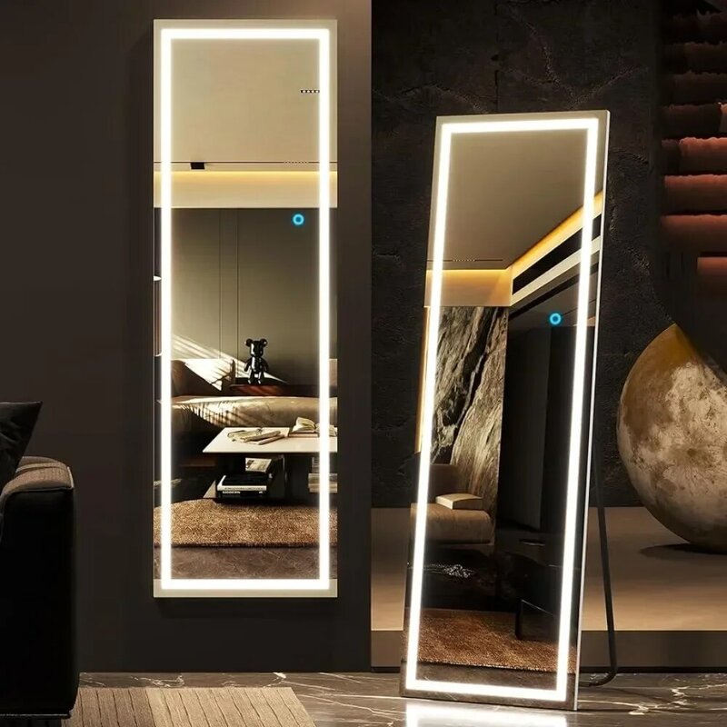 LED 조명 전체 길이 거울, 장식 거울, 63 인치 x 16 인치, 3 색 조명 및 밝기 조절 가능, 흰색