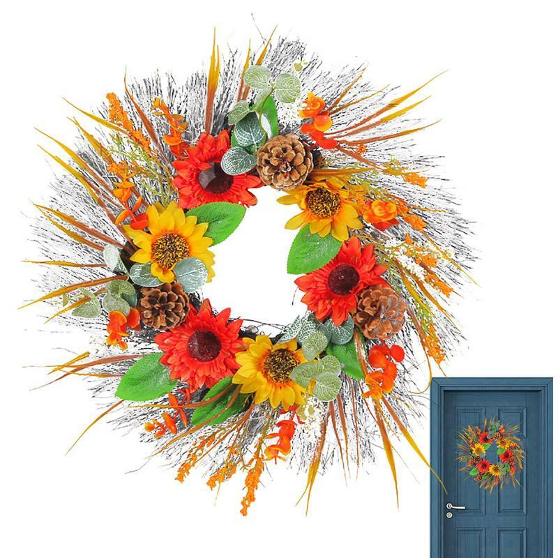 Couronne de tournesol artificielle avec cônes enrichis, fleurs artificielles, vigne d'automne, épis de blé, décor de mariage et de Noël