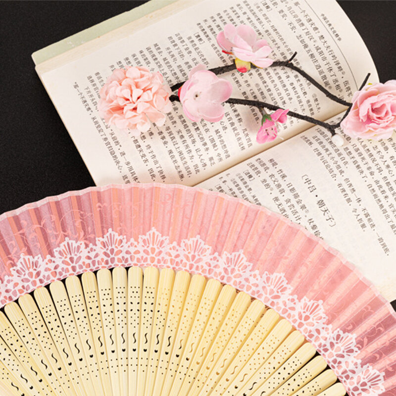 Vintage Chinese Style Silk Folding Fan Wooden Shank Classical Dance Fan With Tassels Performance Props Art Craft Gift Home Decor