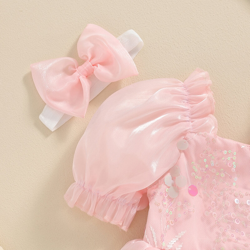 VISgogo dziewczynek pajacyki sukienka cekiny z krótkim rękawem spódnica z organzy Hem niemowlęce body letnie ubrania z opaską na głowę stroje