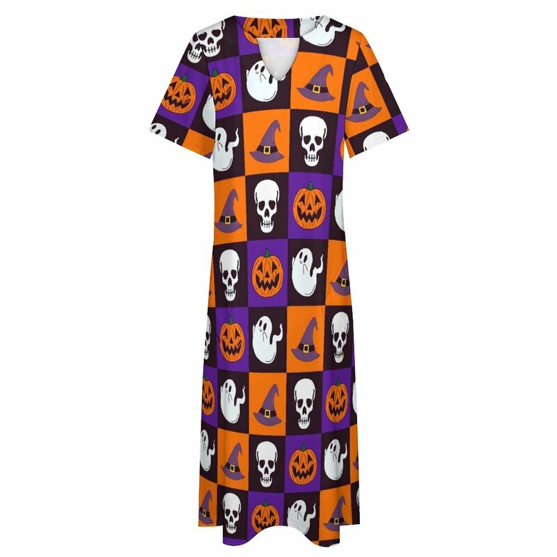 Vestido largo informal de gran tamaño con estampado de fantasma, ropa de calle con cuello en V, para fiesta de Halloween