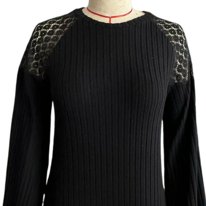 Женская весенне-осенняя блузка с аппликацией из цветов, круглым вырезом, однотонная полосатая текстура, мягкая кружевная теплая женская блузка в стиле пэчворк