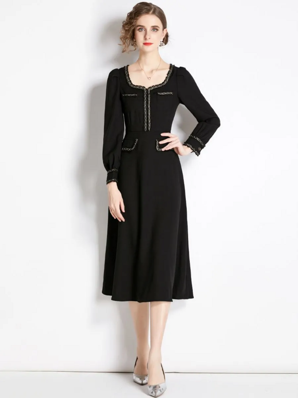 Vestido de tecelagem com colarinho quadrado para mulheres, manga longa, cintura alta, comprimento médio de bezerro, vestido vintage preto, novo