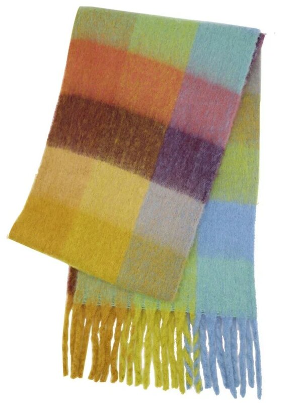 여성용 마시멜로 옐로우 격자 무늬 스카프, 긴 빈티지 태슬 숄, 따뜻하고 부드럽고 두꺼운 스카프, 레인보우 대형 숄