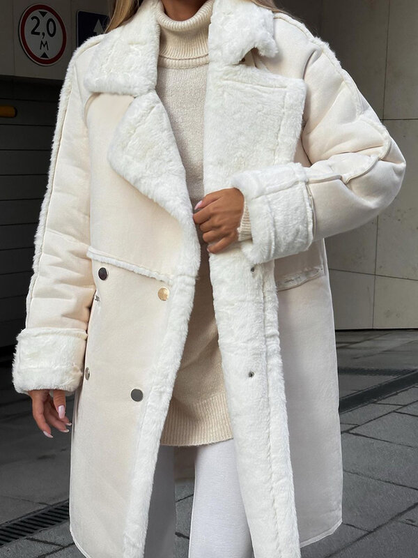 Женская длинная куртка из искусственного меха, свободная Зимняя Толстая теплая куртка из овечьей шерсти с отложным воротником