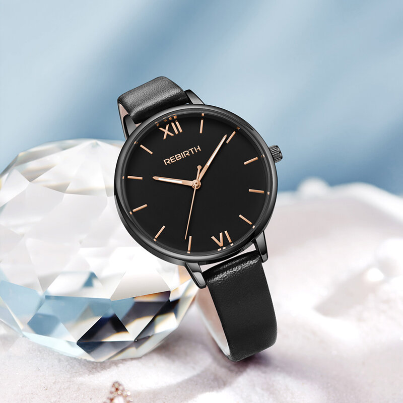 REBIRTH Women Wrist Watches Leather Band Rose Gold Minimalist Design Dial Simple Luxury Brand Women Quartz Watches For Female