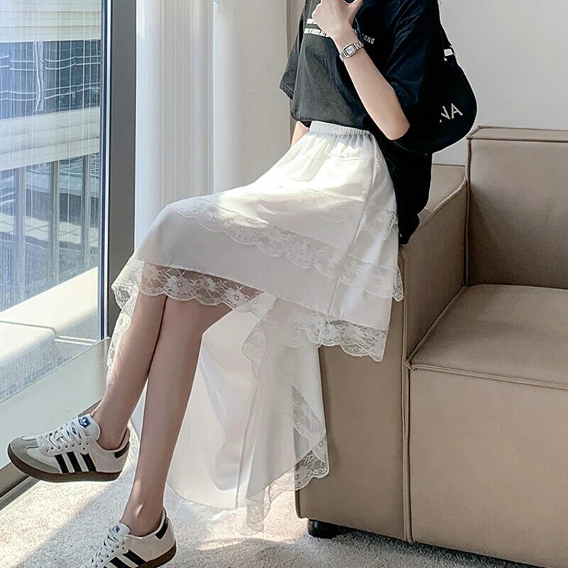 Gidyq Lace Irregular Skirt Women Korean Fashion Casual High Waist A Line Skirts Ladies Summer Streetwear Solid Mid Length Skirt