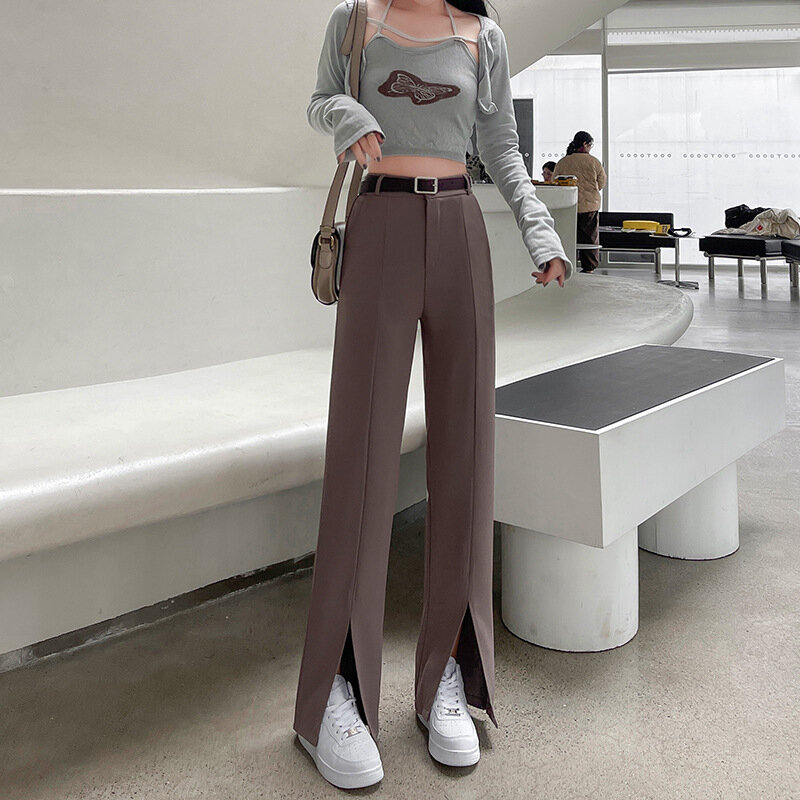 Setelan Celana Musim Semi Gaya Korea Pakaian Wanita Traf 2023 Wanita Pinggang Tinggi Ukuran Besar Kasual Celah Gaun Dewasa Celana Wanita Elegan