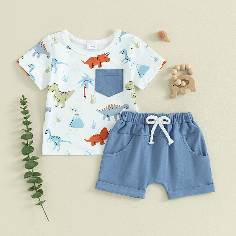 VISgogo Set pakaian bayi laki-laki, 2 potong leher bulat lengan pendek cetak dinosaurus + celana pendek pinggang elastis musim panas