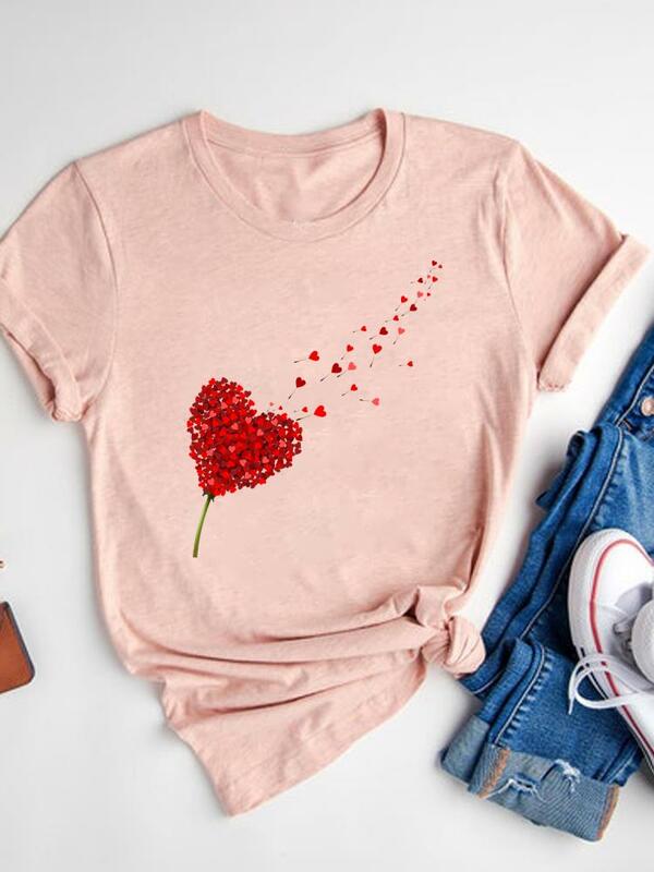 Watercolor Love Heart Sweet Fashion Short Sleeve Print T Shirt Tee Basic Clothing Summer Top Graphic T-shirt Women Clothes