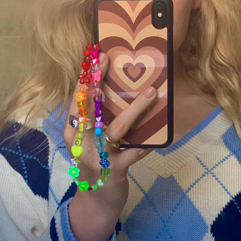 Arco-íris cores macio cerâmica telefone correntes bohemia estilo borboleta estrelas girassóis frisado telefone colhedores ornamento moda jóias
