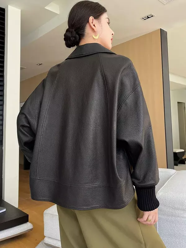 Jaket kulit asli crop kasual kelas atas untuk wanita 2024 tren baru bergaris rajutan desain manset mantel kulit domba alami