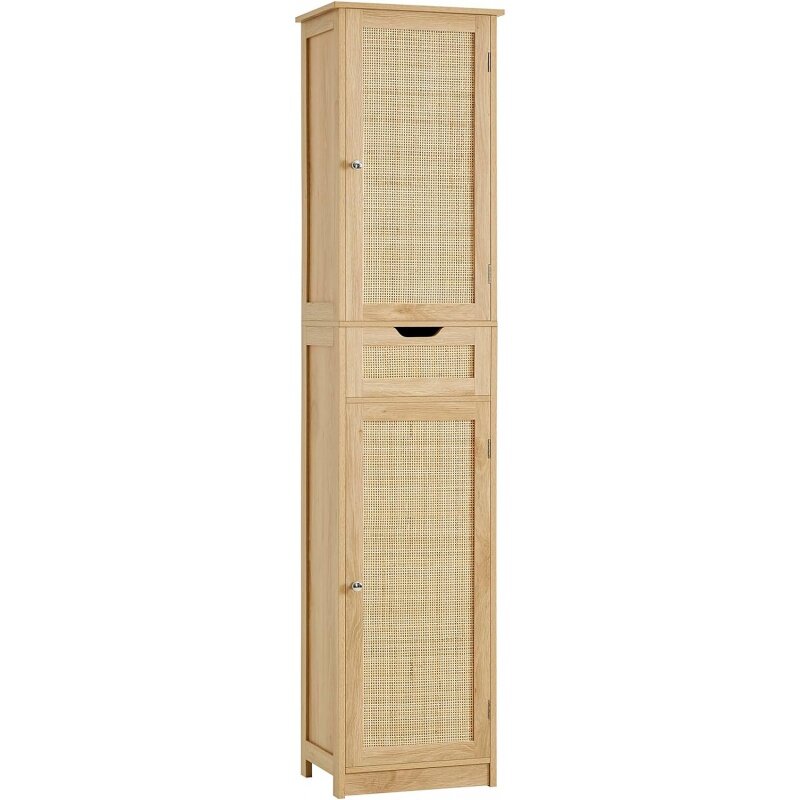 Высокий шкаф Iwell для ванной комнаты с дверцами, шкаф для хранения из ротанга с регулируемыми полками, отдельно стоящий узкий шкаф из льна для Li