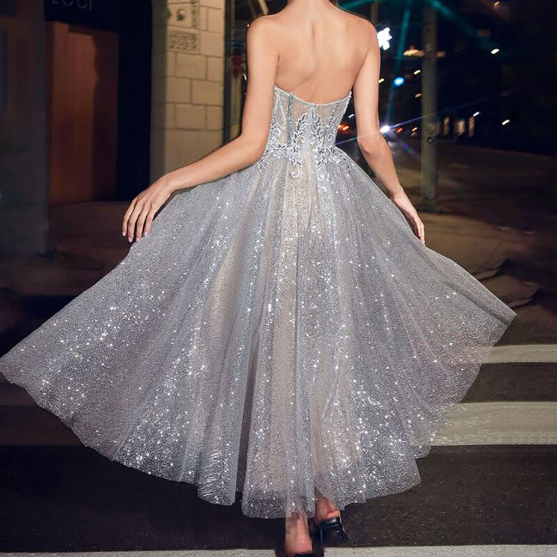 A-Line Tulle Strapless Sweetheart Sleeveless Open Back Sequined Pleated Tea Length Prom Evening Formal Dress