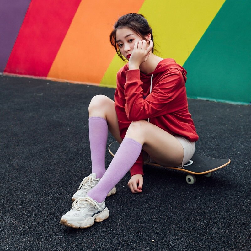 New Japanese solid color calf socks Hyuna candy color Korean student long tube women's socks