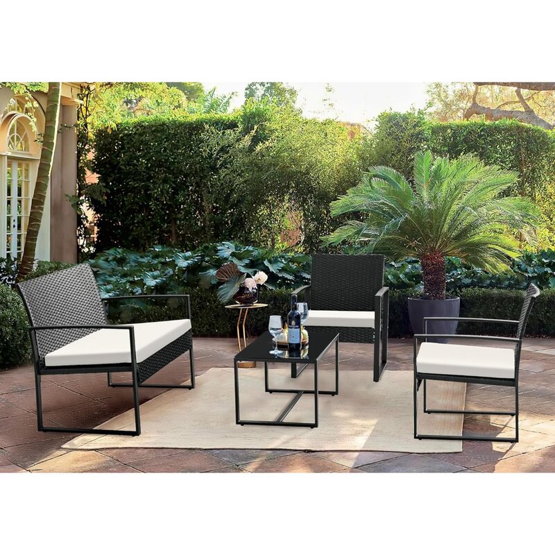 4 Piece Patio Furniture Set Outdoor Wicker Conversation Bistro Rattan Chairs with Coffee Table for Garden,Pool,Lawn