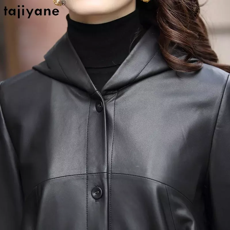 Tajiyane Veste en cuir véritable pour femme, manteau à capuche en peau de mouton véritable, vestes en cuir pour femme, vêtements
